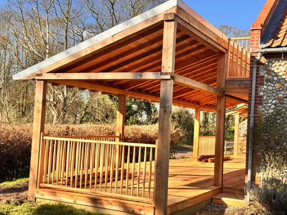 Oak framed patio area built by Big Sky Construction in Norfolk